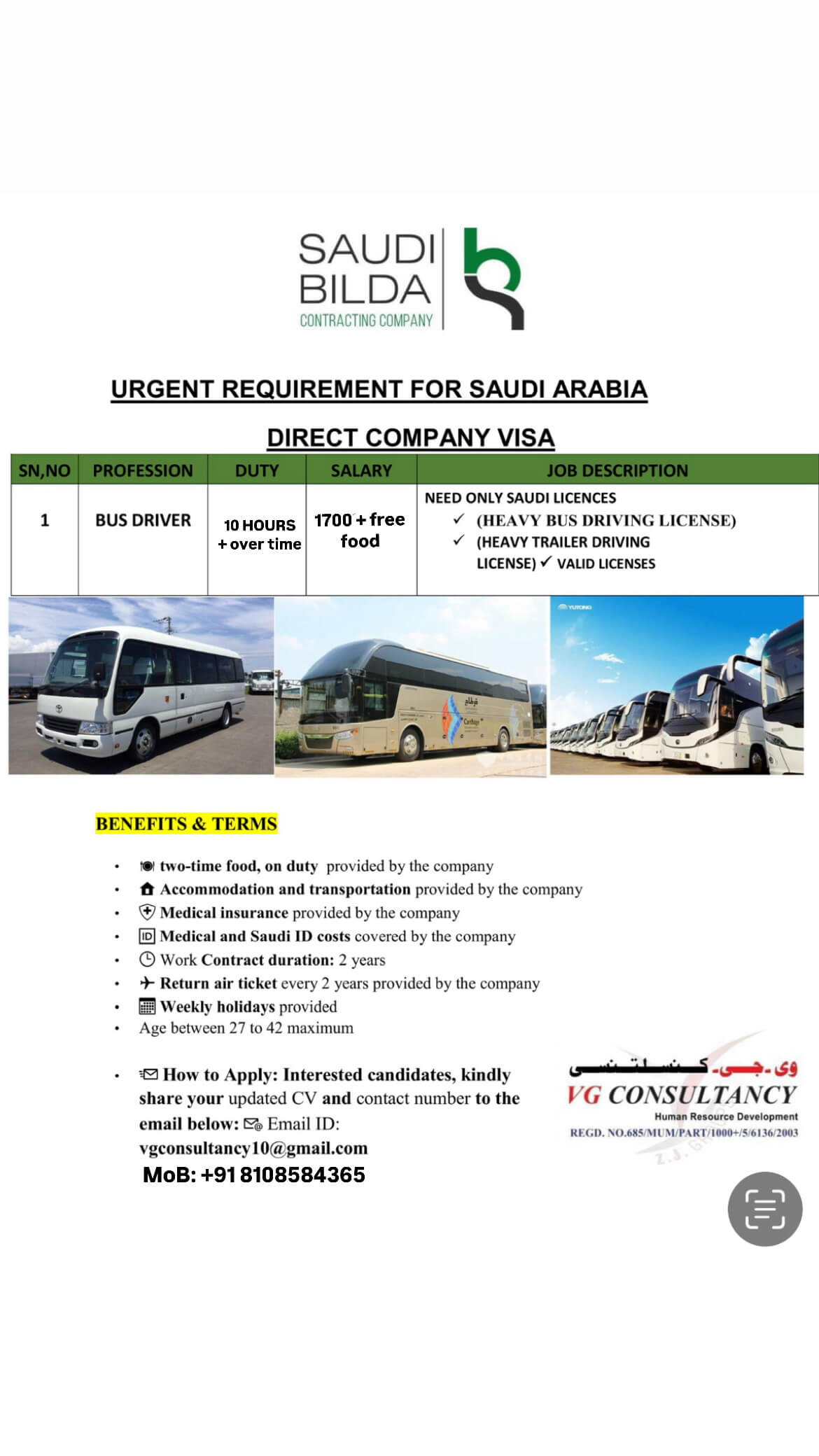 URGENT REQUIREMENT FOR BUS DRIVER SAUDI ARABIA