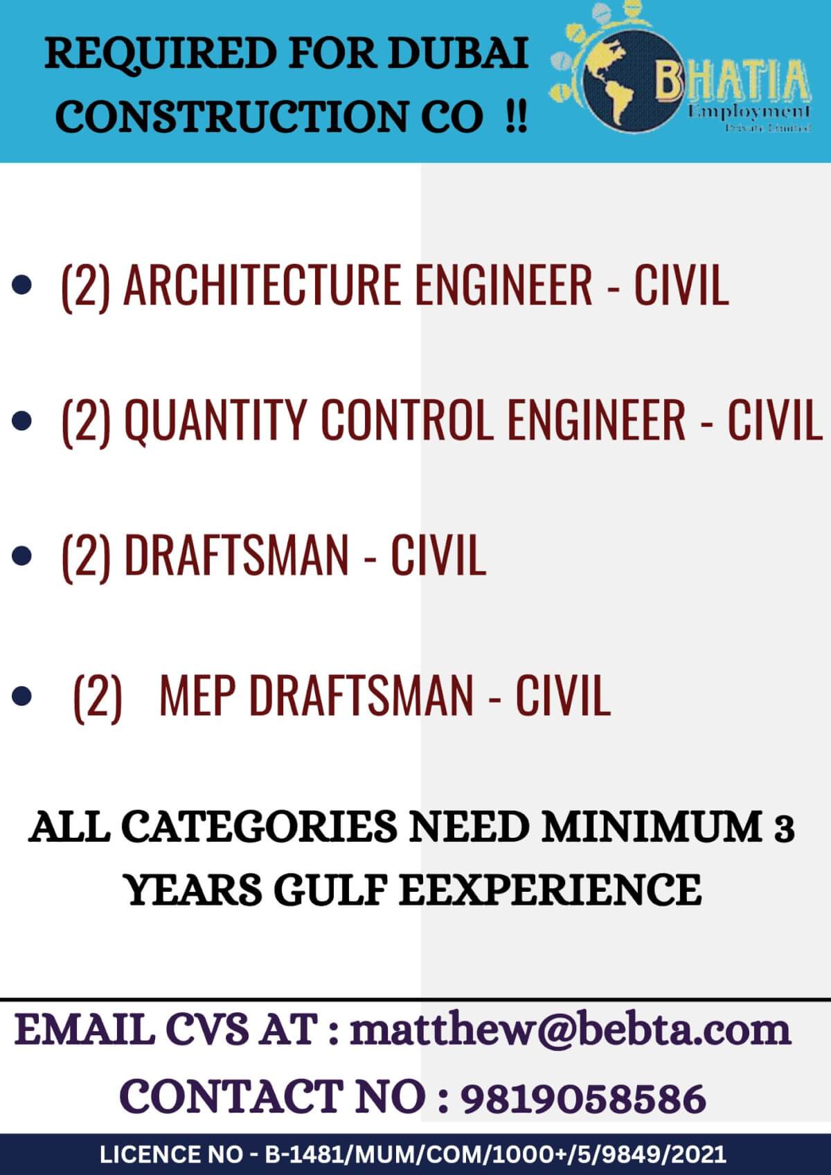 REQUIRED FOR DUBAI  CONSTRUCTION CO!!