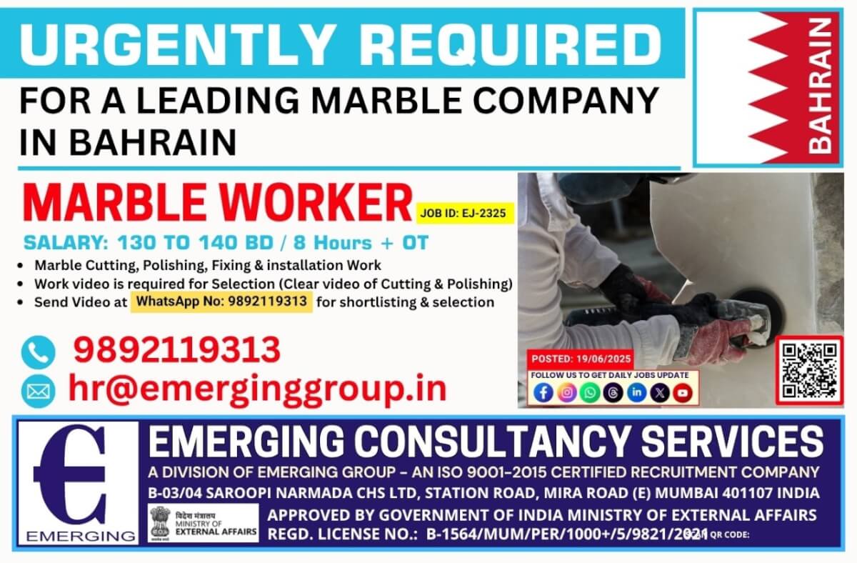 IMMEDIATE HIRING – MARBLE WORKER – BAHRAIN