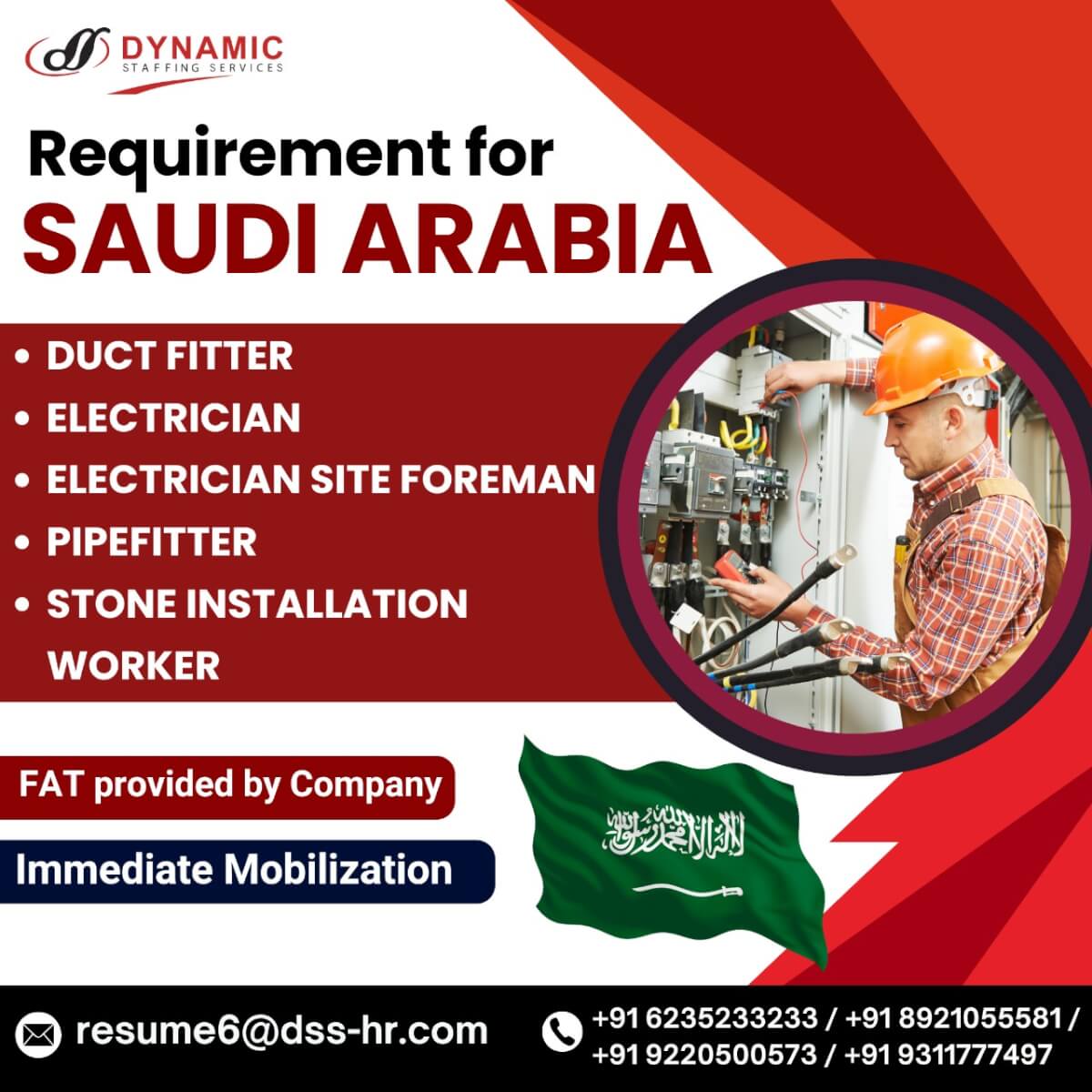 Greetings from dynamic staffing services kochi* *?Free recruitment for Saudi Arabia
