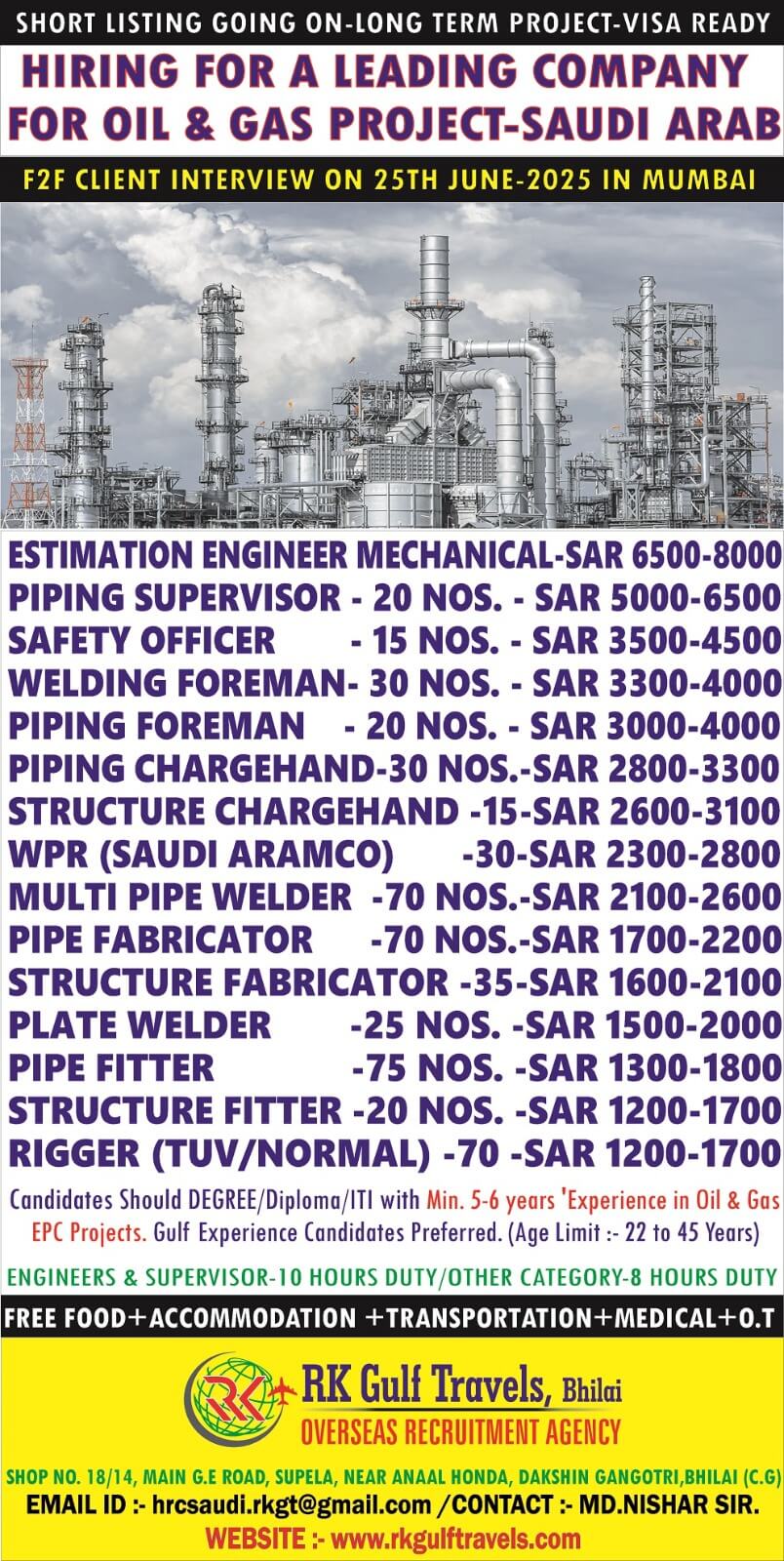 URGENTLY REQUIRED FOR OIL & GAS PROJECT - SAUDI ARABIA
