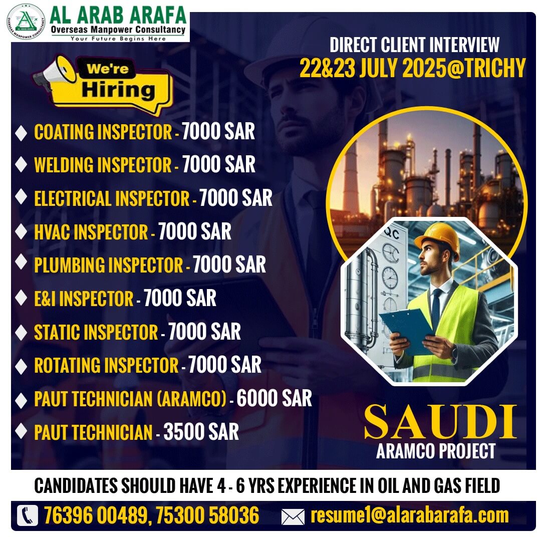 DIRECT CLIENT INTERVIEW ON 22 & 23 JULY 2025 @ TRICHY
