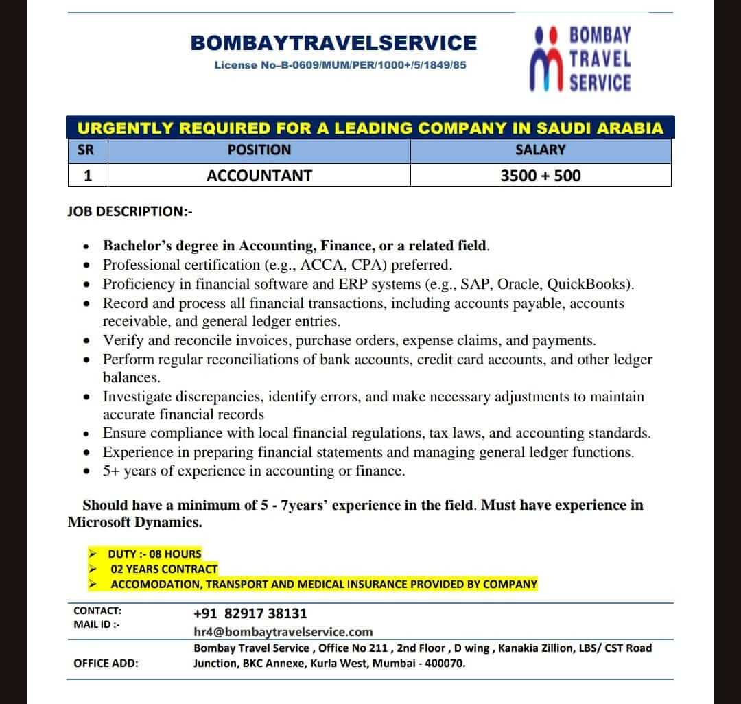 URGENTLY HIRING ACCOUNTANT FOR SAUDI ARABIA