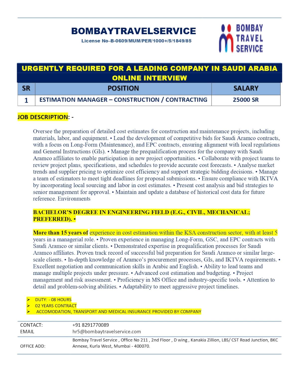 URGENTLY HIRING ESTIMATION MANAGER (CONSTRUTION / CONTRACTING )  FOR SAUDI ARABIA