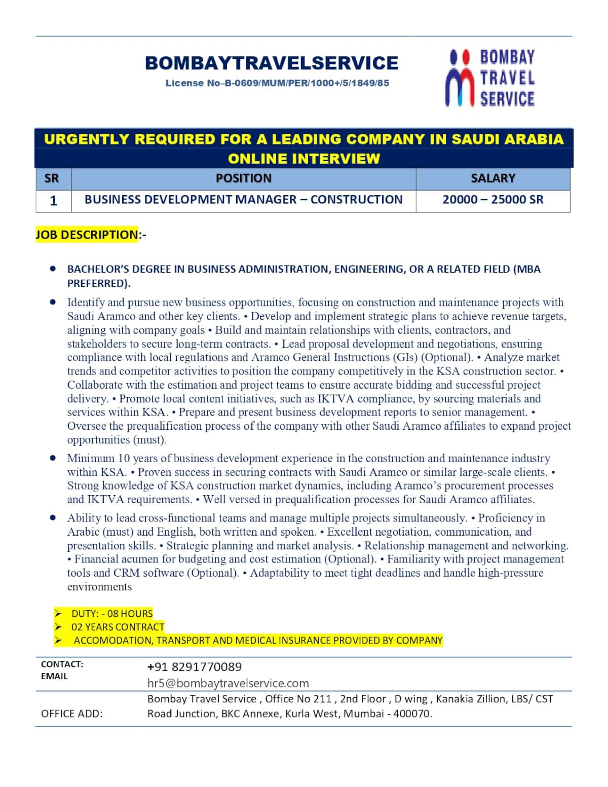 URGENTLY HIRING BUSINESS DEVELOPMENT MANAGER FOR SAUDI ARABIA (CONSTRCTION)