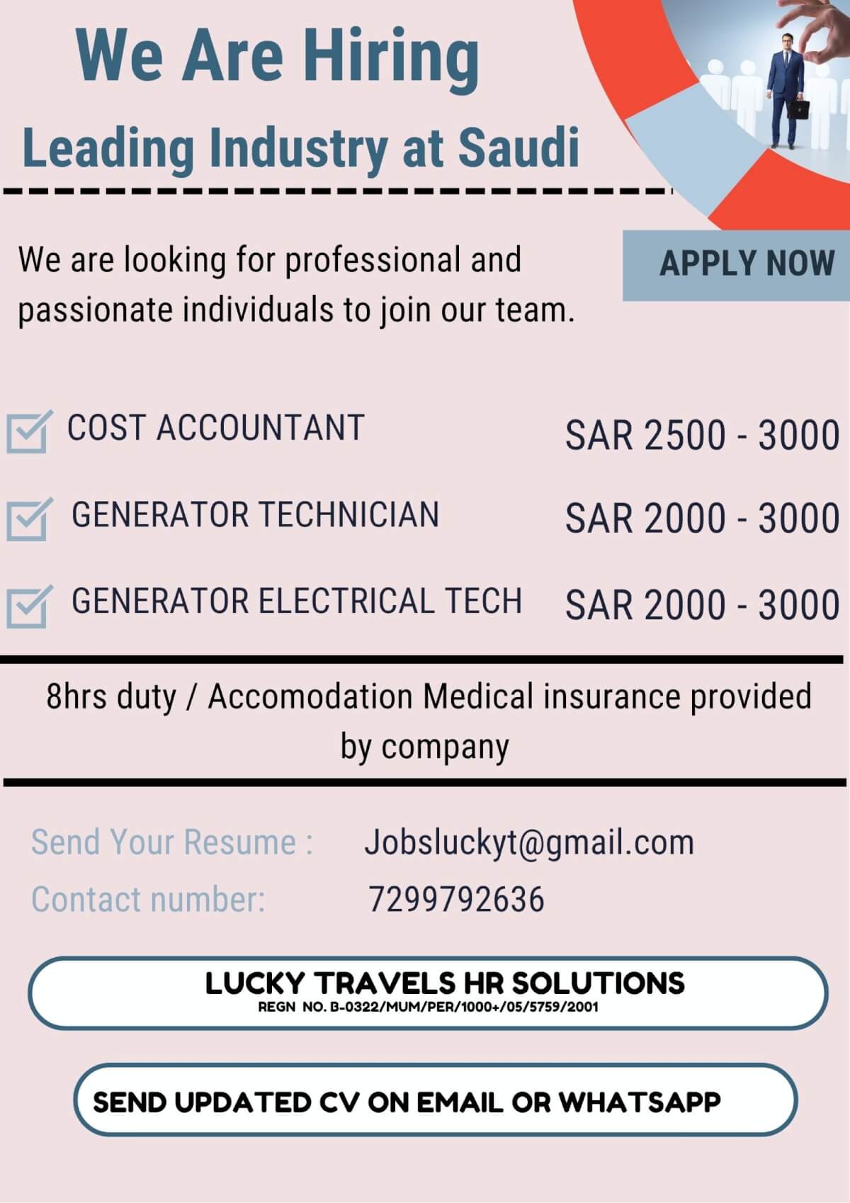 HIRING FOR SAUDI ARABIA - CV SELECTION THEN ONLINE INTERVIEW - CONTACT US 7299792636 OR EMAIL US