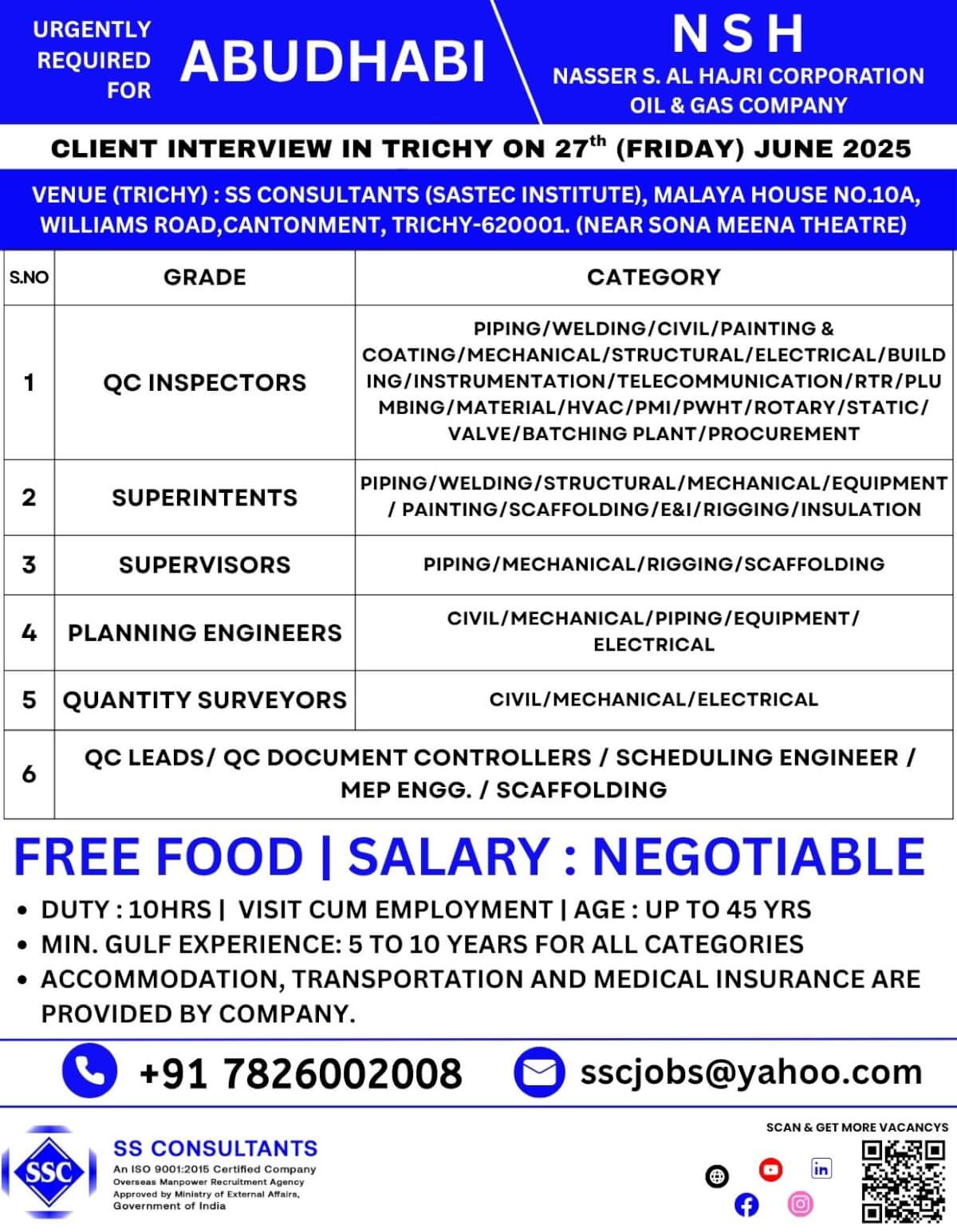 Abu Dhabi Oil & Gas Jobs: Multiple Roles @ NSH Corp - Trichy Interview 27 June