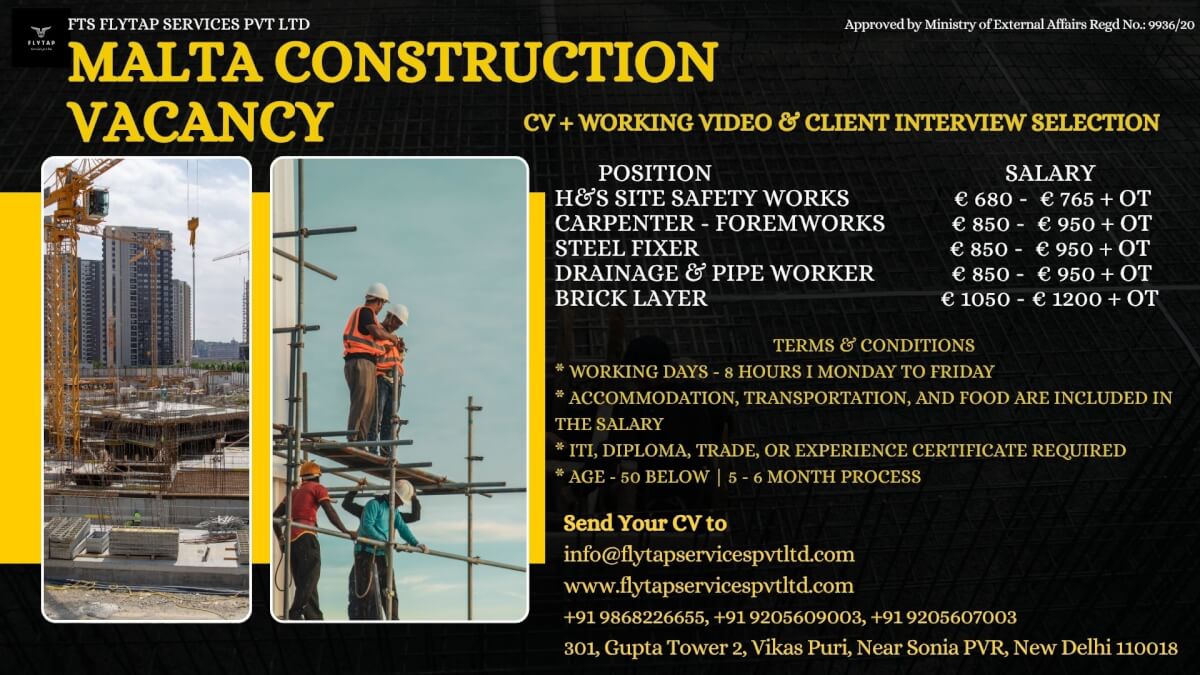 URGENT REQUIREMENT – MALTA CONSTRUCTION VACANCIES (EUROPE)
