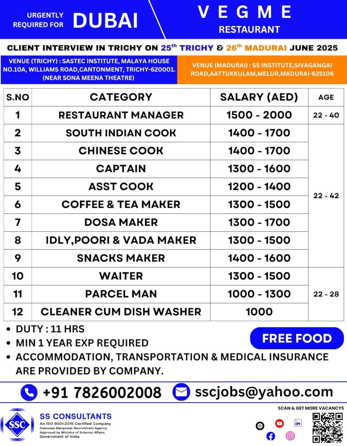 VEGME Overseas Jobs: Free Acco, Transport - Trichy, Madurai Interviews