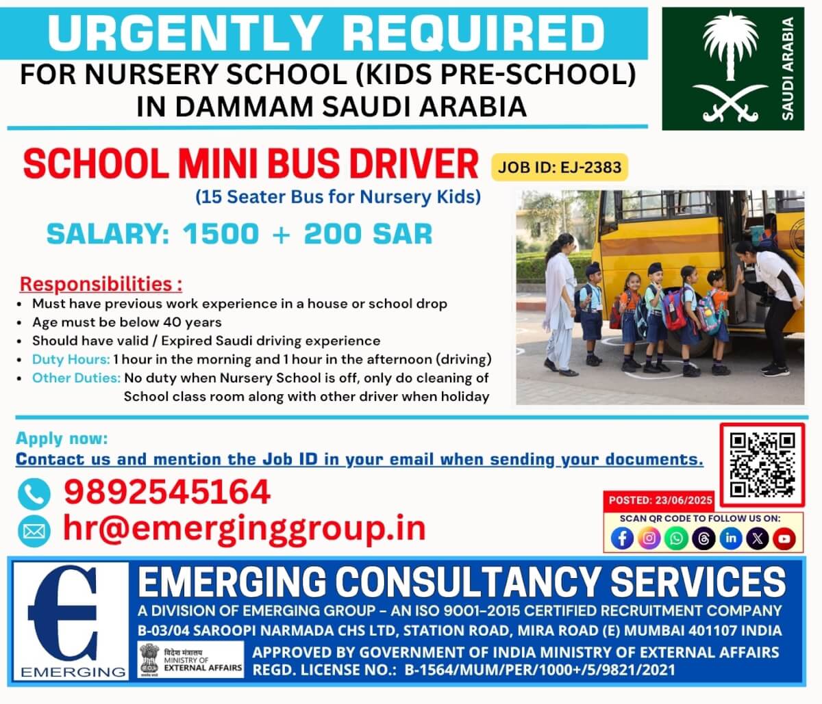 URGENTLY REQUIRED – MINI SCHOOL BUS DRIVER FOR NURSERY (KIDS – PRE-SCHOOL), DAMMAM – SAUDI ARABIA