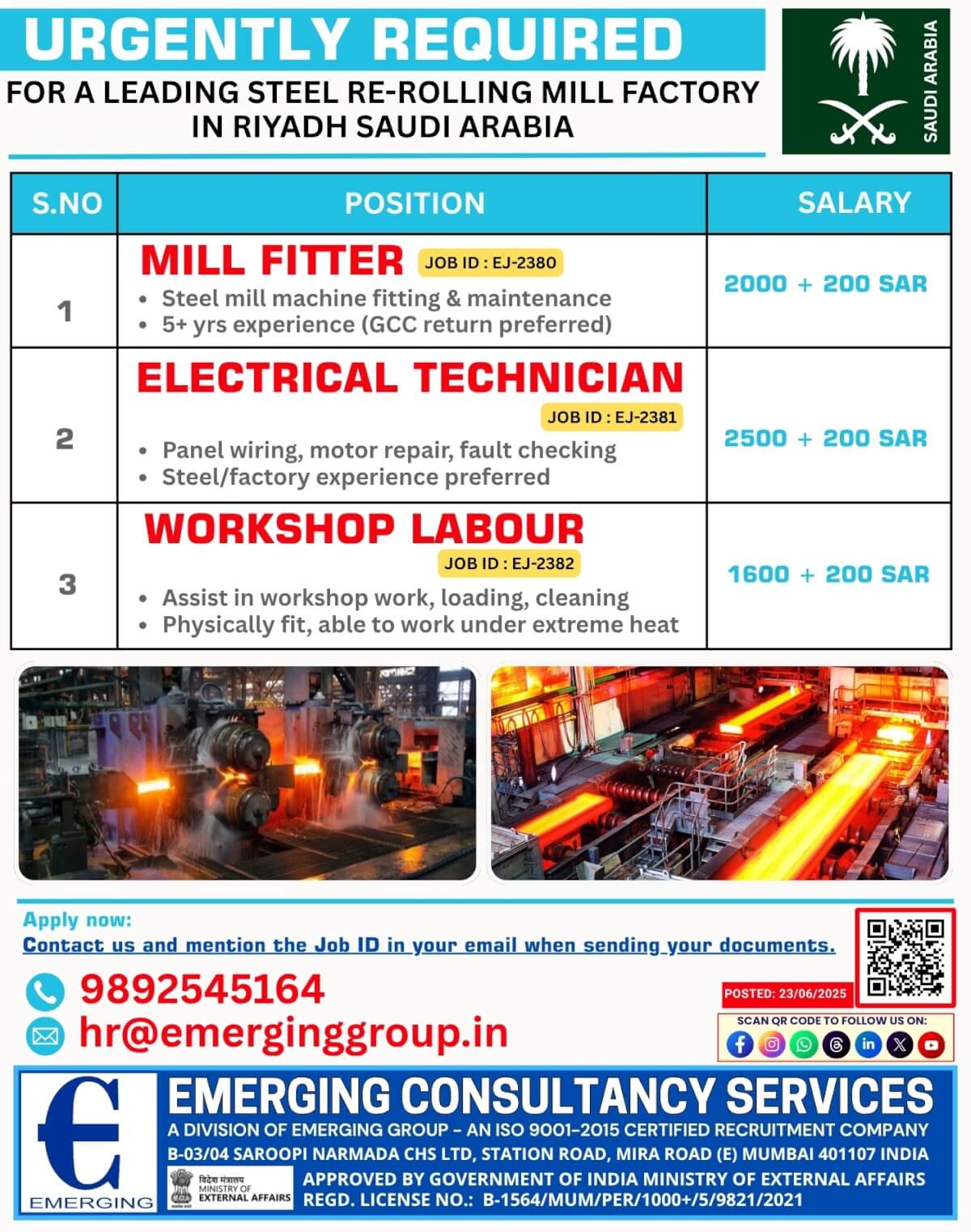 URGENTLY REQUIRED – LEADING STEEL RE-ROLLING MILL FACTORY – RIYADH ?? URGENTLY REQUIRED – LEADING STEEL RE-ROLLING MILL FACTORY – RIYADH ??
