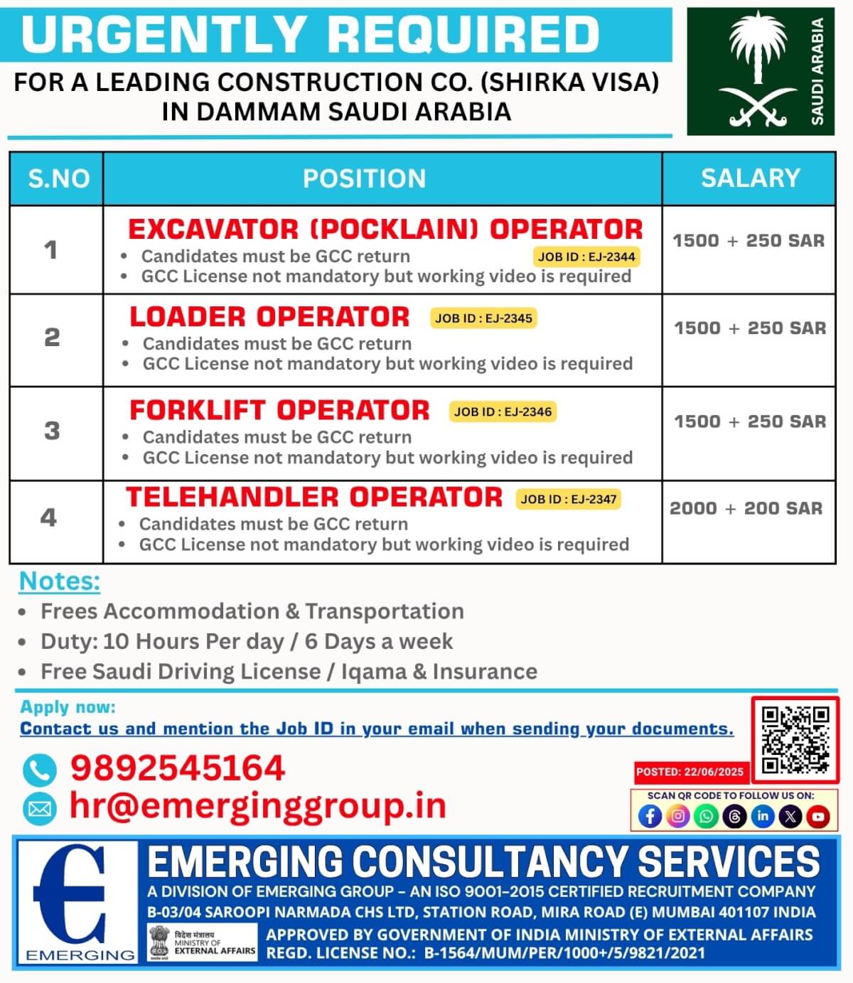 URGENTLY REQUIRED FOR A LEADING CONSTRUCTION COMPANY (SHIRKA VISA) – SAUDI ARABIA URGENTLY REQUIRED FOR A LEADING CONSTRUCTION COMPANY (SHIRKA VISA) – SAUDI ARABIA