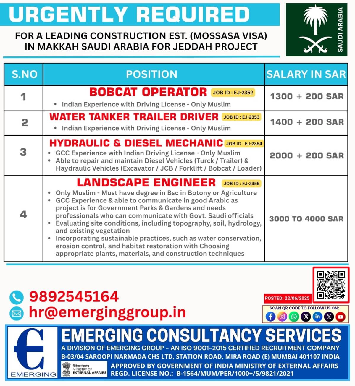 URGENTLY REQUIRED FOR A LEADING CONSTRUCTION ESTABLISHMENT (MOSSASA VISA) – SAUDI ARABIA URGENTLY REQUIRED FOR A LEADING CONSTRUCTION ESTABLISHMENT (MOSSASA VISA) – SAUDI ARABIA