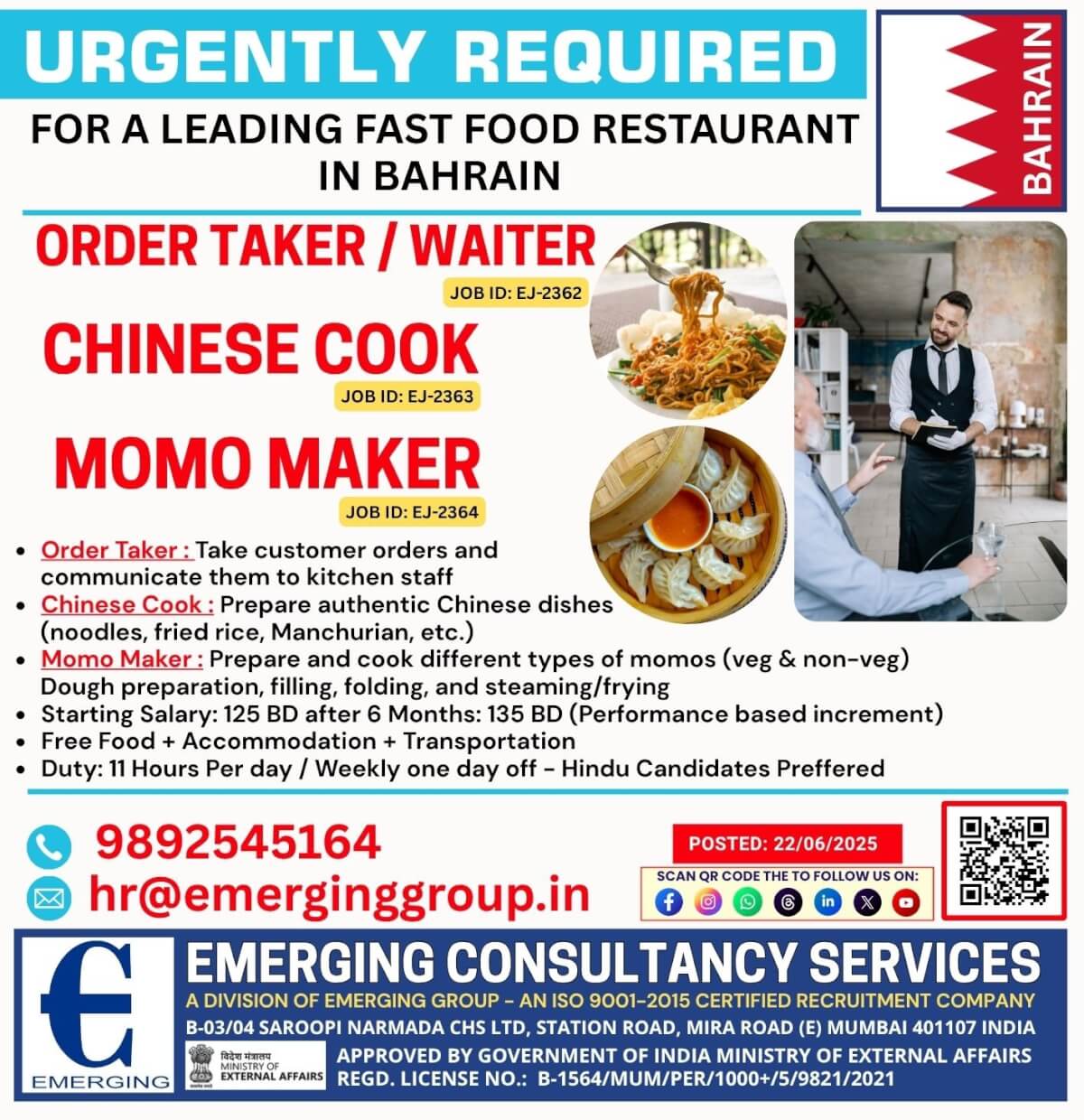 Urgently Required for Leading Fast Food Restaurant in BAHRAIN