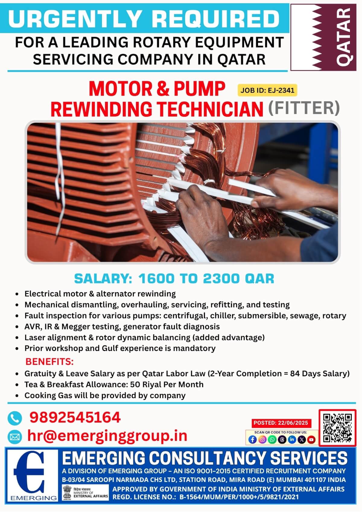 Urgently Required – Motor & Pump Rewinding Technician for Qatar Urgently Required – Motor & Pump Rewinding Technician for Qatar