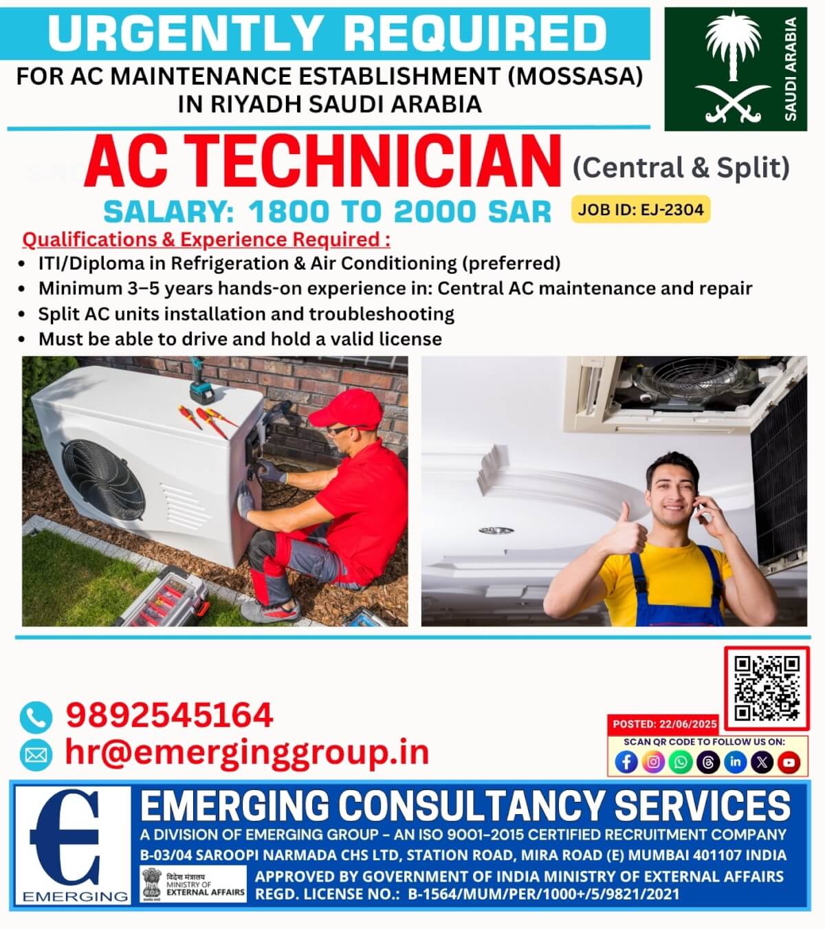 AC Technician (Central & Split) – Riyadh Saudi Arabia – Job ID: EJ-2304
