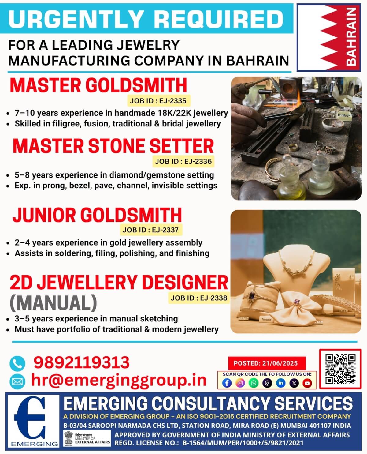 Master Goldsmith / Master Stone Setter / Junior Goldsmith / 2D Jewellery Designer