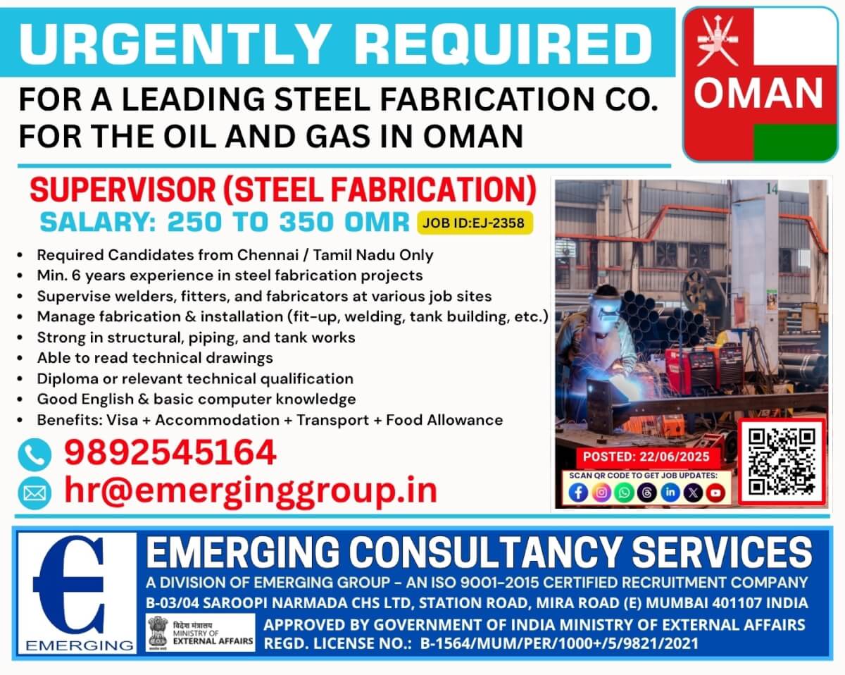 Supervisor (Steel Fabrication) - from Tamil Nadu Preferred