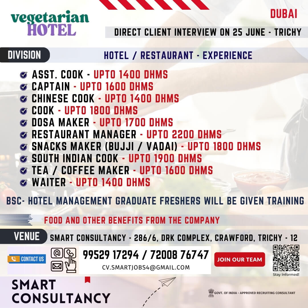 WANTED FOR A LEADING VEGETARIAN HOTEL -  DIRECT CLIENT INTERVIEW ON 25 JUNE - TRICHY