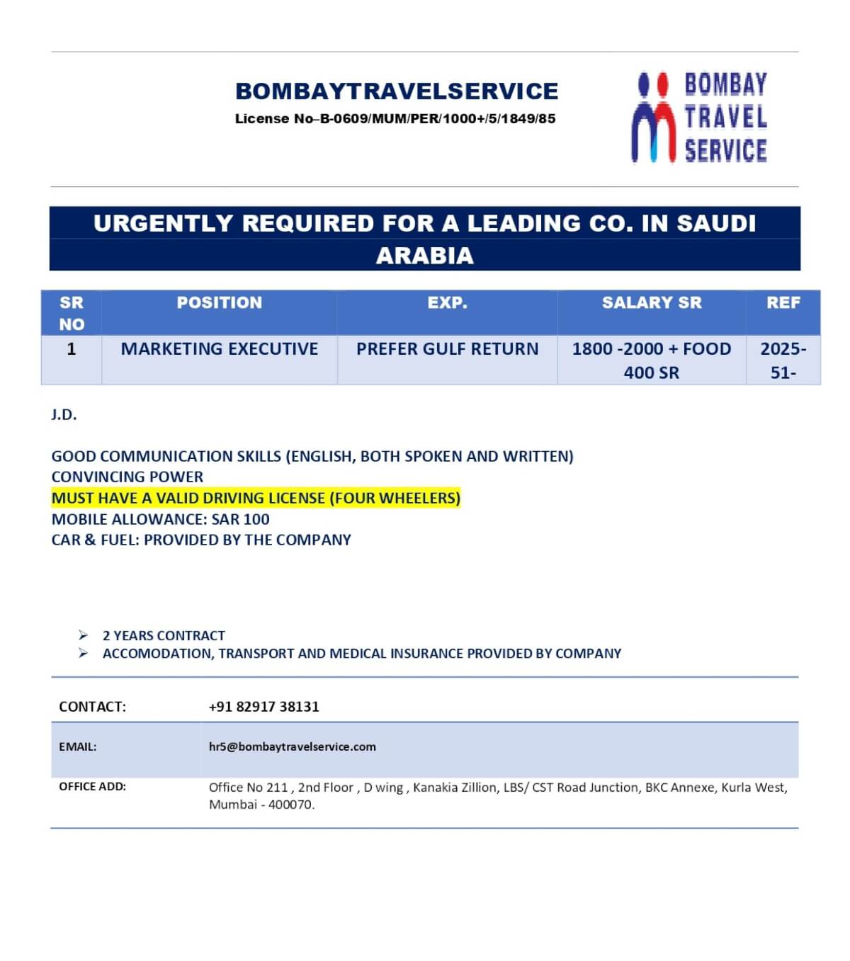 URGENTLY HRING MARKETING EXECUTIVE FOR SAUDI ARABIA URGENTLY HRING MARKETING EXECUTIVE FOR SAUDI ARABIA