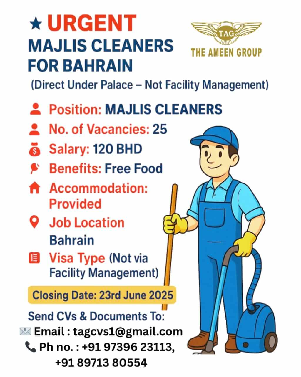 URGENT HIRING – MAJLIS CLEANERS FOR BAHRAIN