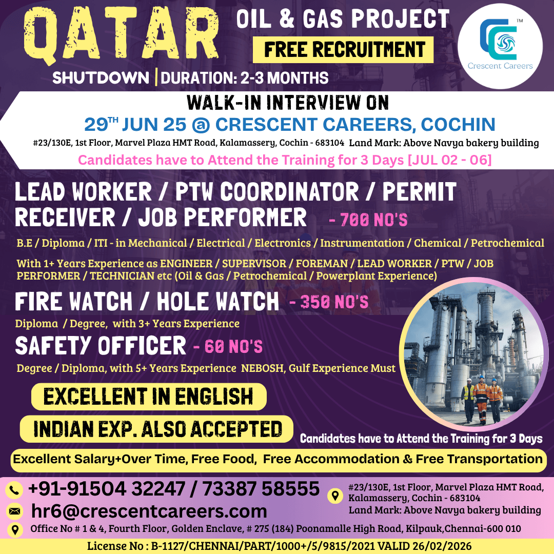 WALK-IN INTERVIEW ON 29th JUN 2025 @ CRESCENT CAREERS, COCHIN