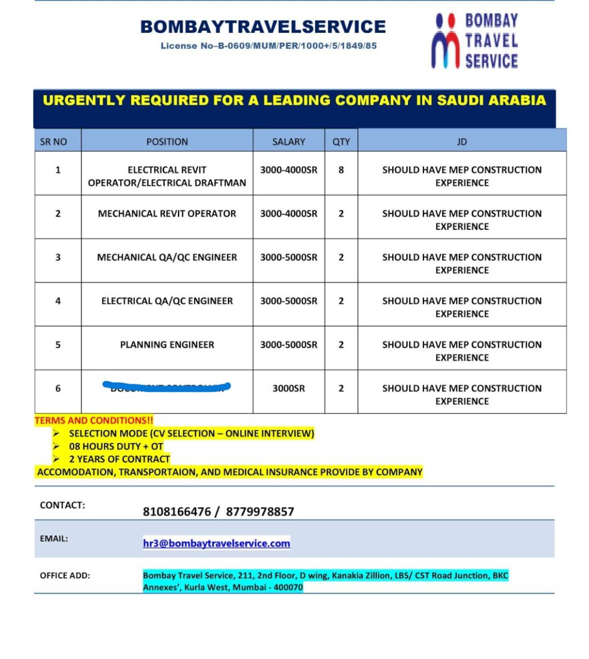 URGENTLY HRING FOR SAUDI ARABIA
