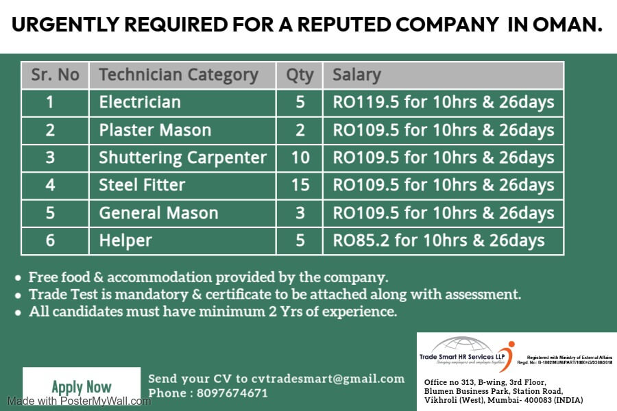 Electrician, Plaster Mason, Shuttering Carpenter, Steel Fitter, General Mason, Helper