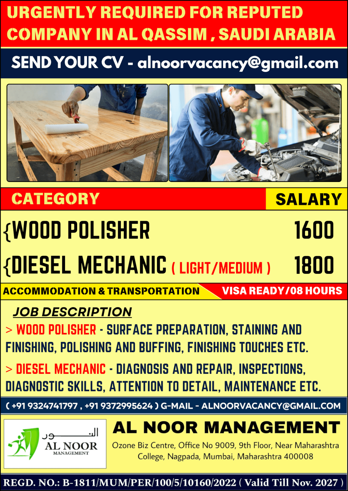 URGENTLY REQUIRED FOR REPUTED COMPANY IN AL QASSIM , SAUDI ARABIA