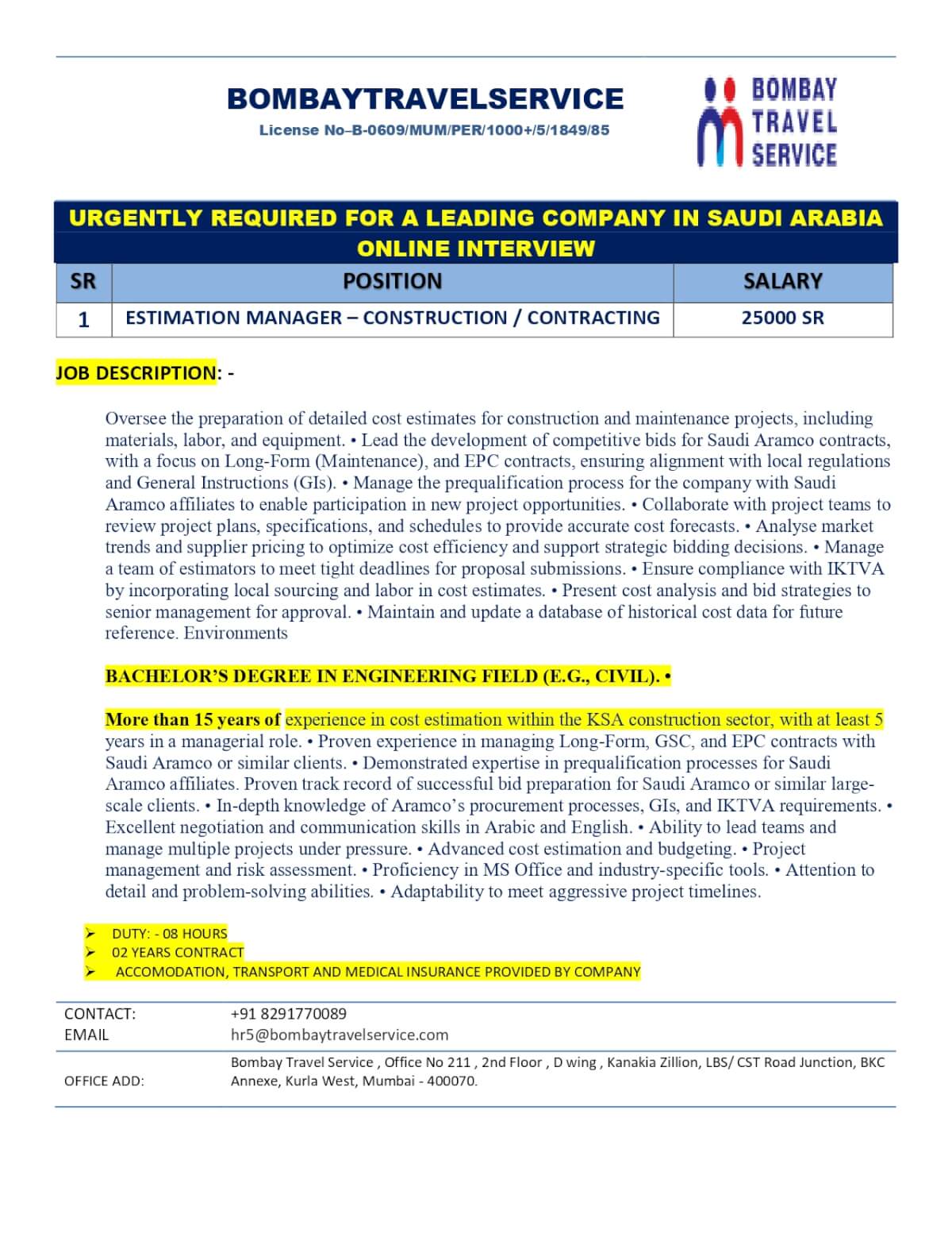 URGENTLY HRING ESTIMATION MANAGER FOR SAUDI ARABIA
