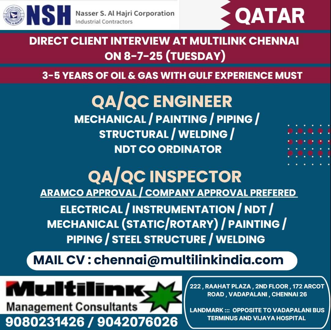 QA QC Inspectors / Engineers & NDT Coordinators