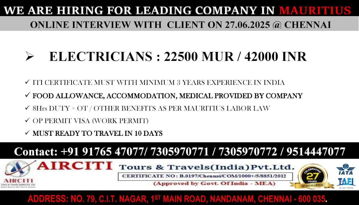 WE ARE HIRING FOR LEADING COMPANY IN MAURITIUS