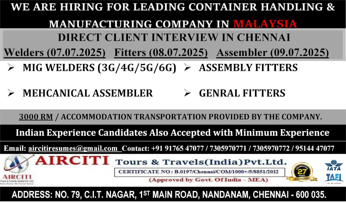 WE ARE HIRING FOR LEADING CONTAINER HANDLING & MANUFACTURING COMPANY IN MALAYSIA