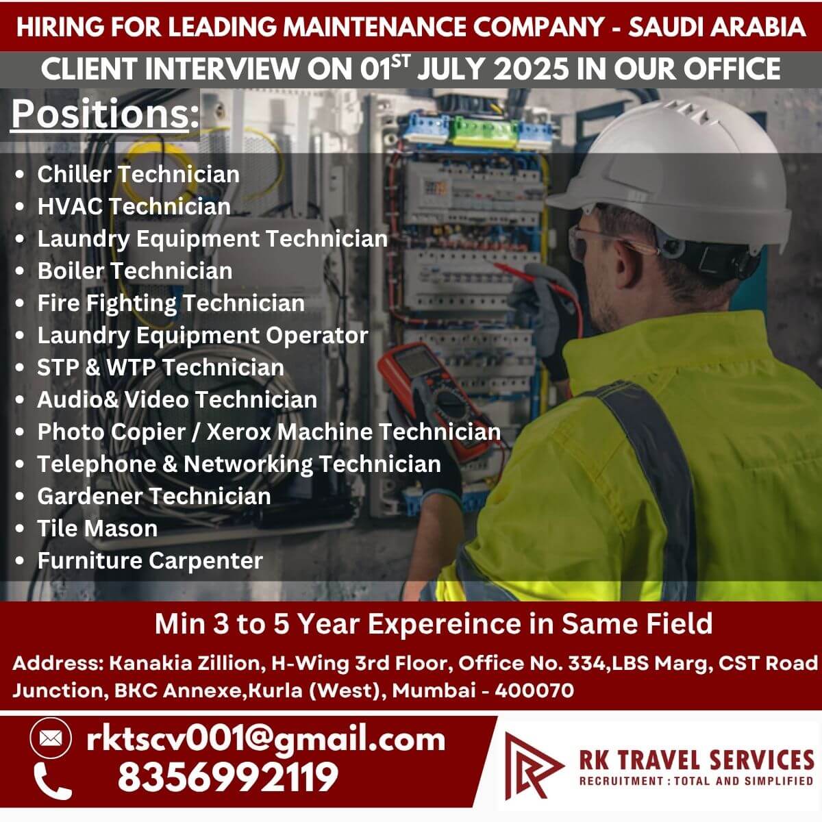 HIRING FOR LEADING MAINTENANCE COMPANY - SAUDI ARABIA CLIENT INTERVIEW ON 01ST JULY 2025 IN OUR OFFICE