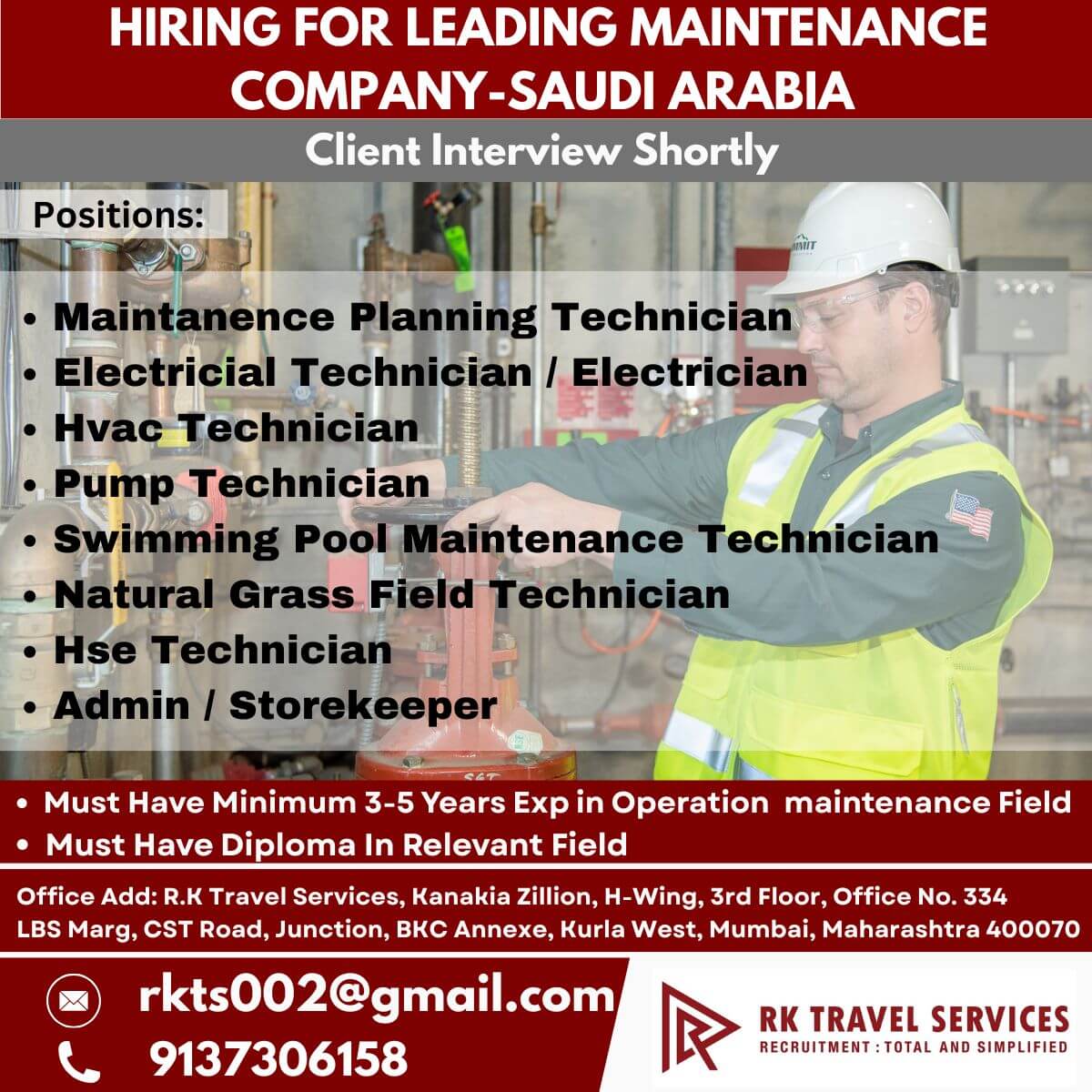 HIRING FOR LEADING MAINTENANCE COMPANY-SAUDI ARABIA
