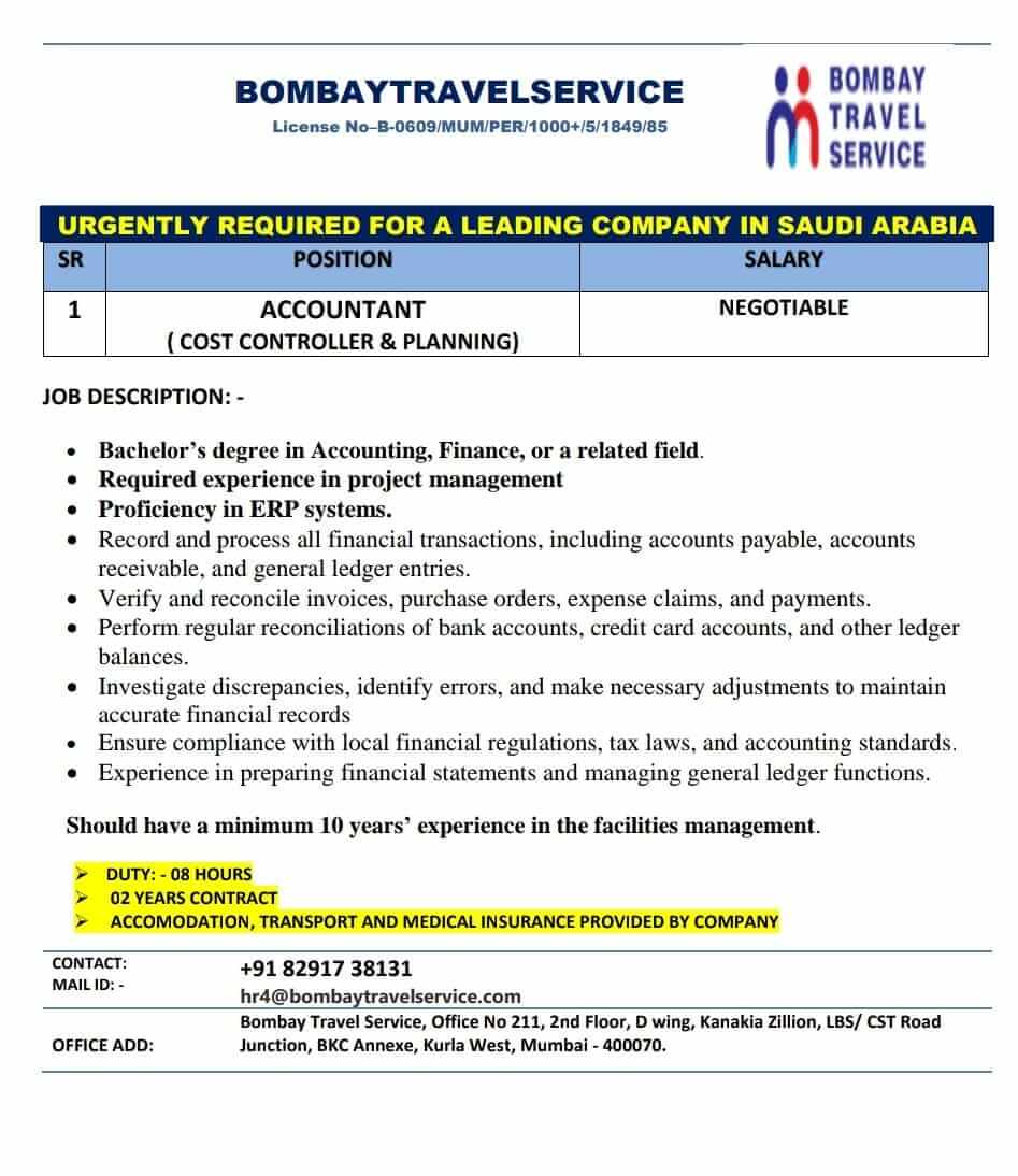 URGENTLY HIRING ACCOUNTANT FOR SAUDI ARABIA
