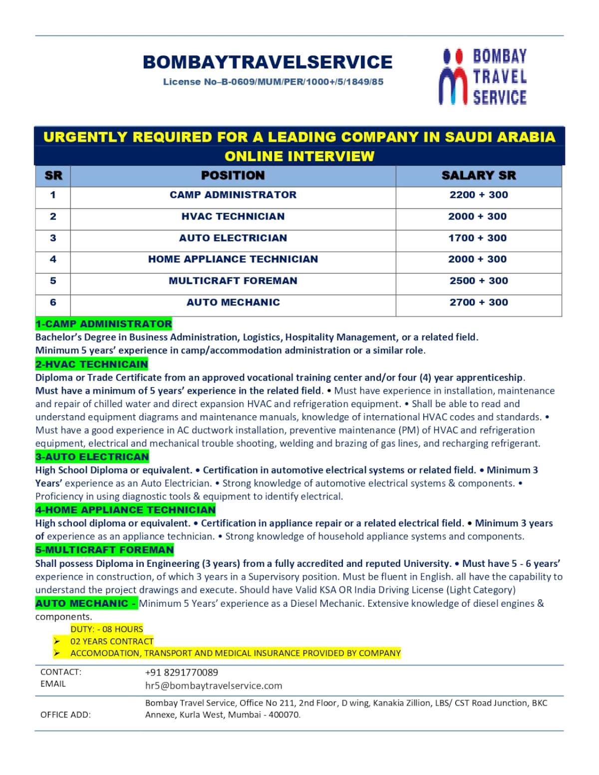 URGENTLY HRING FOR SAUDI ARABA URGENTLY HRING FOR SAUDI ARABA