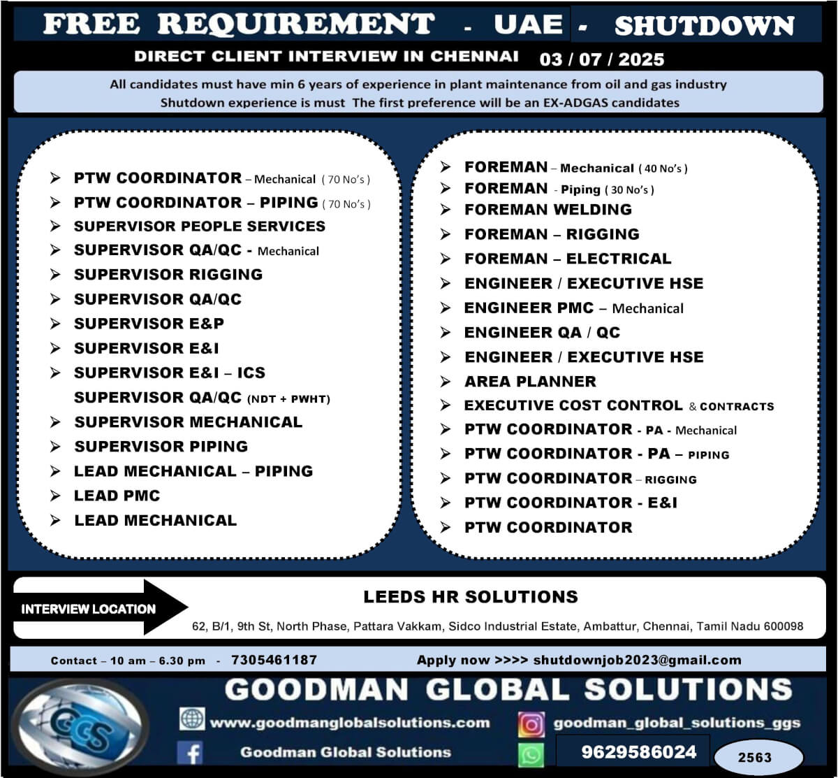 FREE REQUIREMENT - UAE  SHUTDOWN PROJECT DESCON Direct Client Interview in CHENNAI @ 3rd JULY 2025