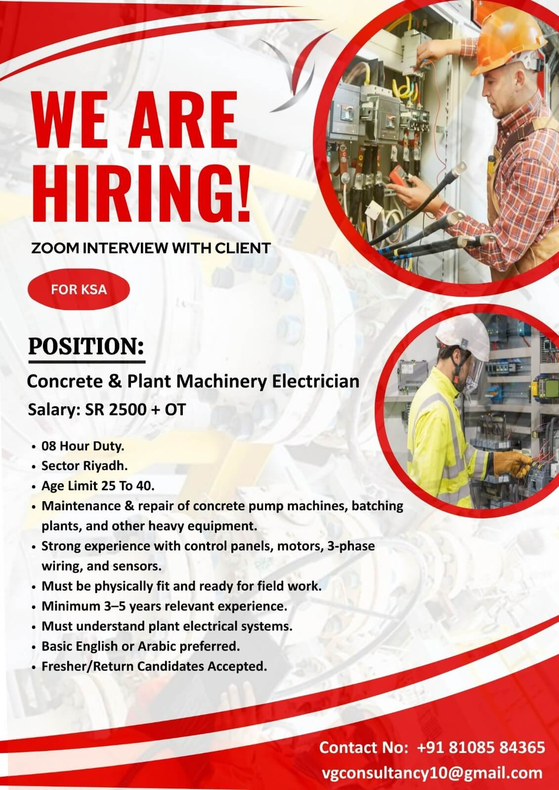 URGENT REQUIREMENT FOR INDUSTRIAL ELECTRICEAN SAUDI ARABIA
