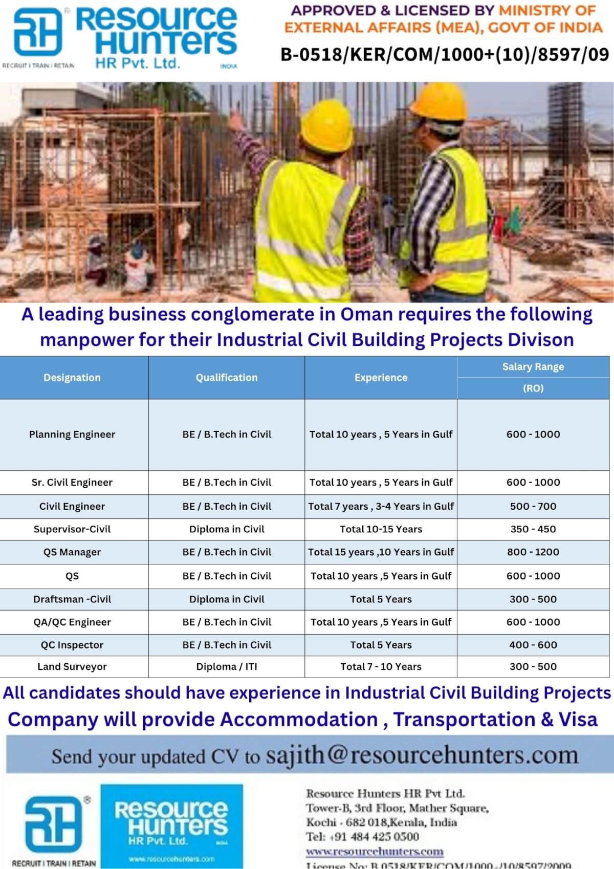 Planning Engineer/Civil Engineer/QS Manager/Civil Draughtsman/QC Inspector/Land Surveyor