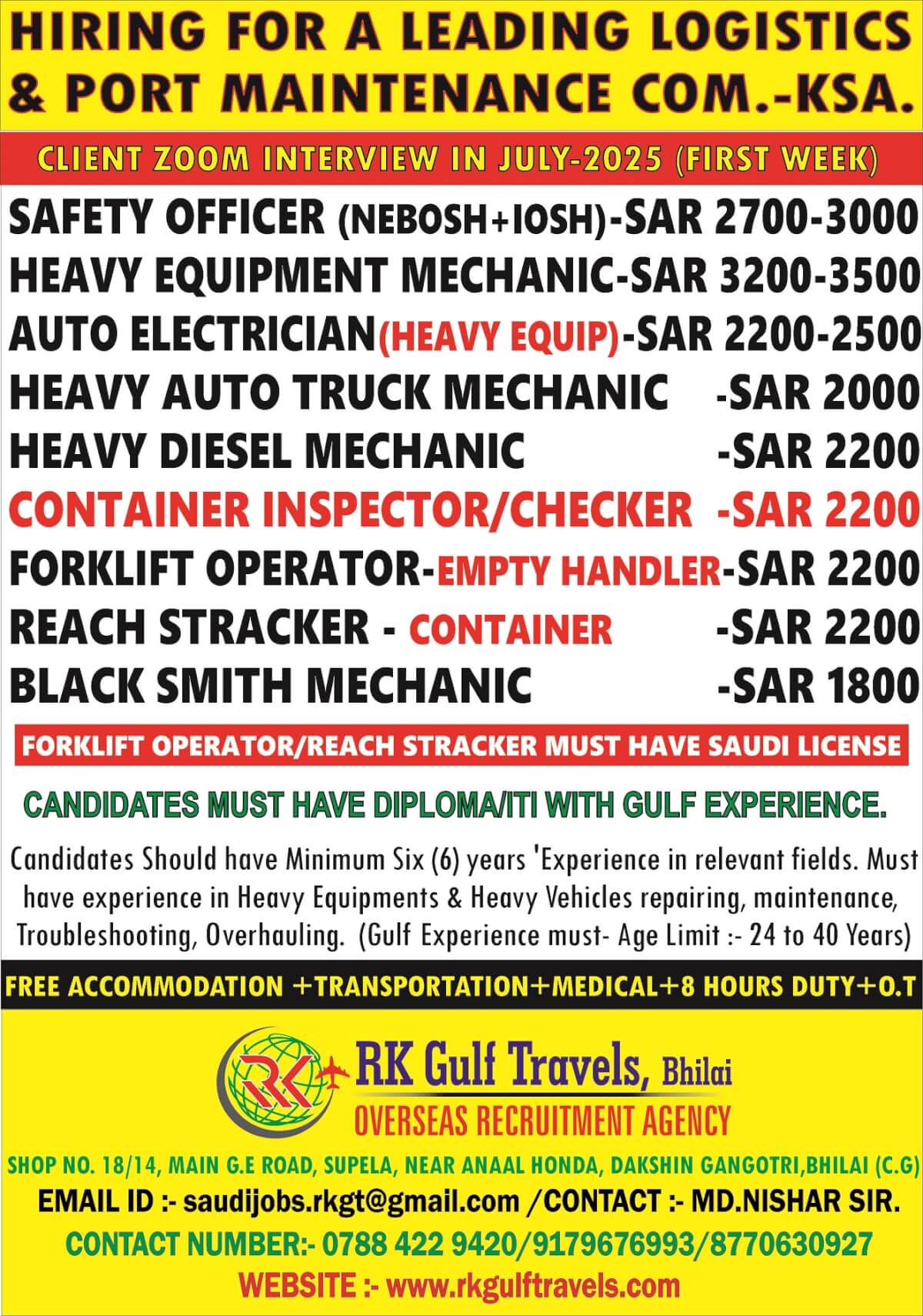 URGENTLY REQUIRED FOR LOGISTICS/PORT MAINTENANCE - KSA.