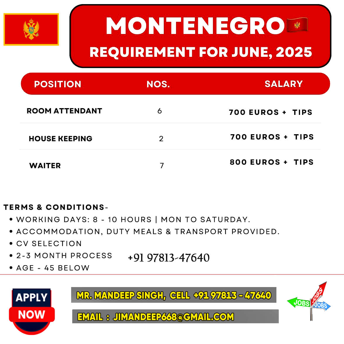 ROOM ATTENDENT & WAITER, ETC FOR montenegro