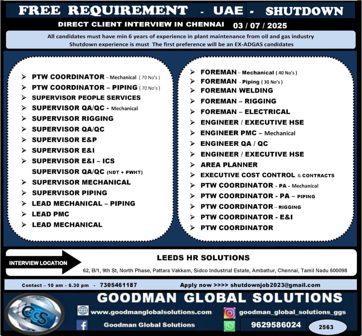 FREE REQUIREMENT - UAE  SHUTDOWN PROJECT DESCON Direct Client Interview in CHENNAI @ 3rd JULY 2025