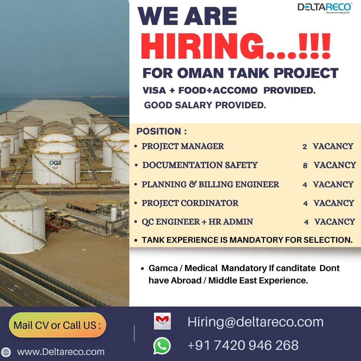 Hiring Project Manager  For Oman TANK Construction