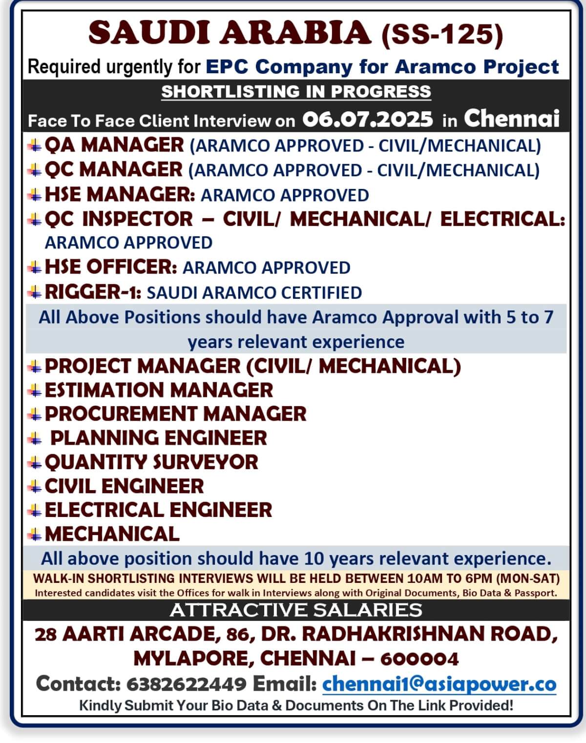 HIRING FOR SAUDI ARABIA