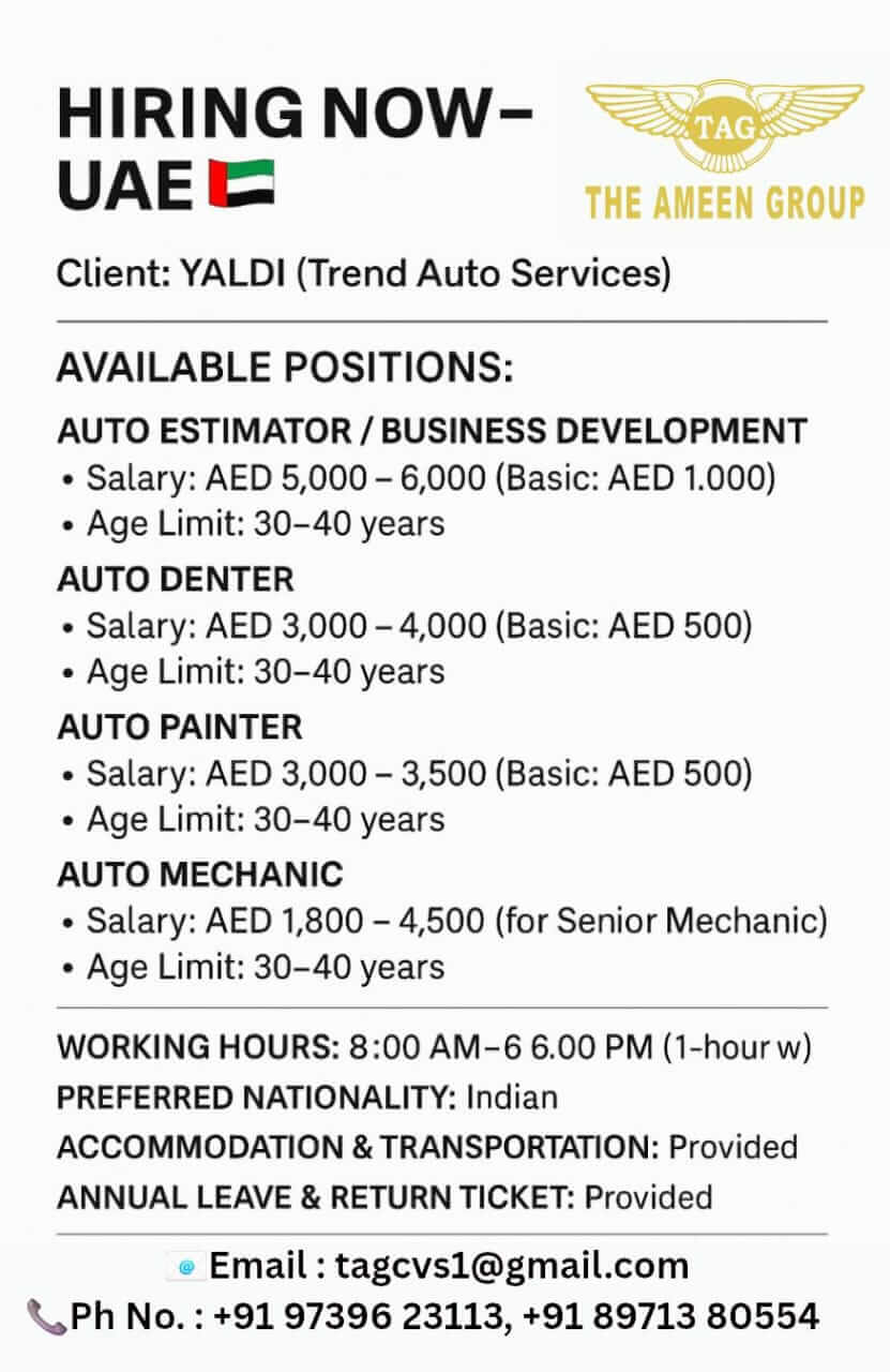 UAE Job Vacancies – Auto Estimator, Denter, Painter & Mechanic