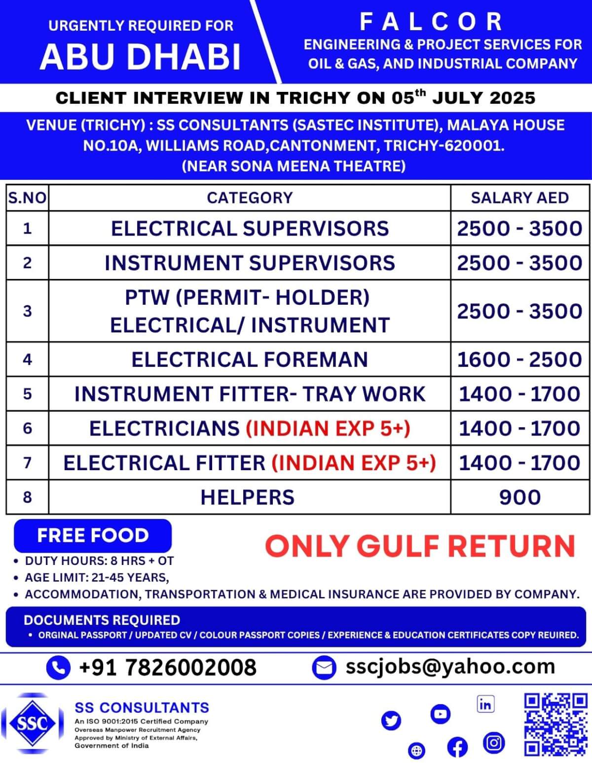 Urgently Hiring for Abu Dhabi Oil & Gas Jobs - Electrical & Instrument Supervisors, Electricians, Helpers - Client Interview on 05th July 2025 in Trichy | Free Food, Accommodation, OT Pay