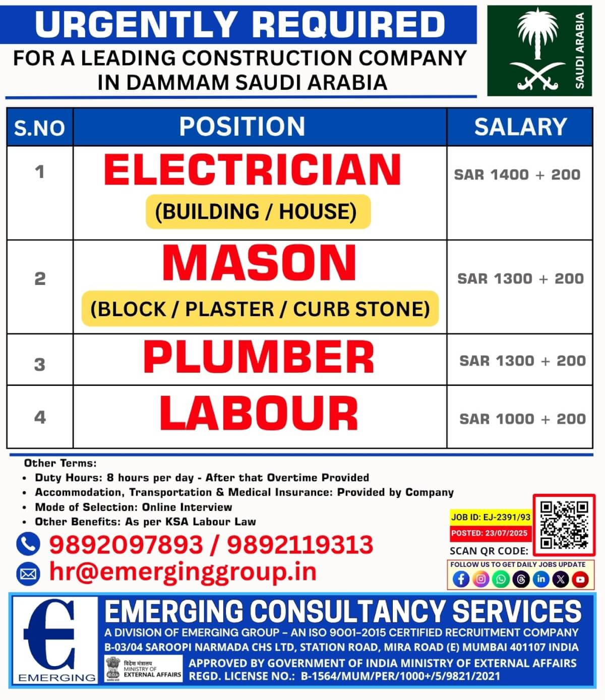 URGENTLY REQUIRED FOR A LEADING CONSTRUCTION COMPANY IN DAMMAM – SAUDI ARABIA URGENTLY REQUIRED FOR A LEADING CONSTRUCTION COMPANY IN DAMMAM – SAUDI ARABIA