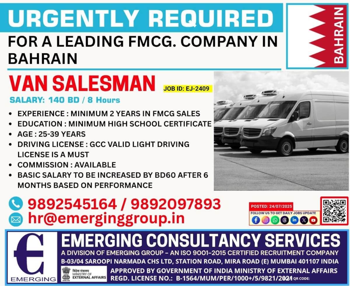 URGENTLY REQUIRED FOR VAN SALESMAN FOR BAHRAIN URGENTLY REQUIRED FOR VAN SALESMAN FOR BAHRAIN