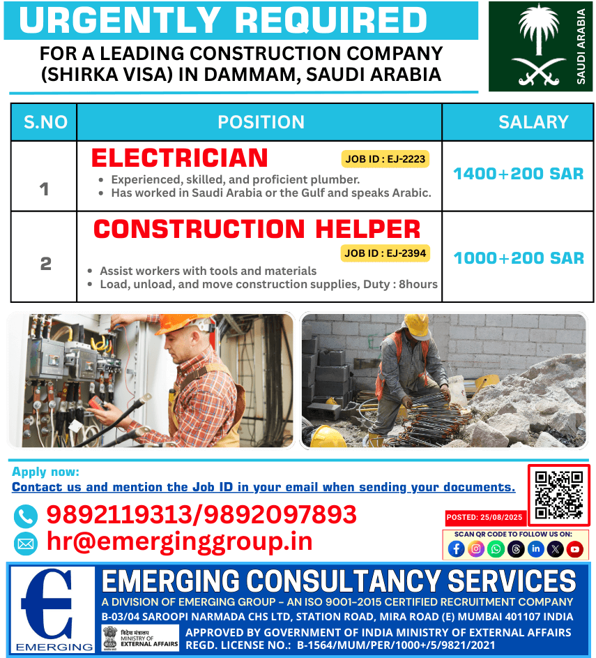 Urgently Hiring Electrician and Construction Helper Urgently Hiring Electrician and Construction Helper